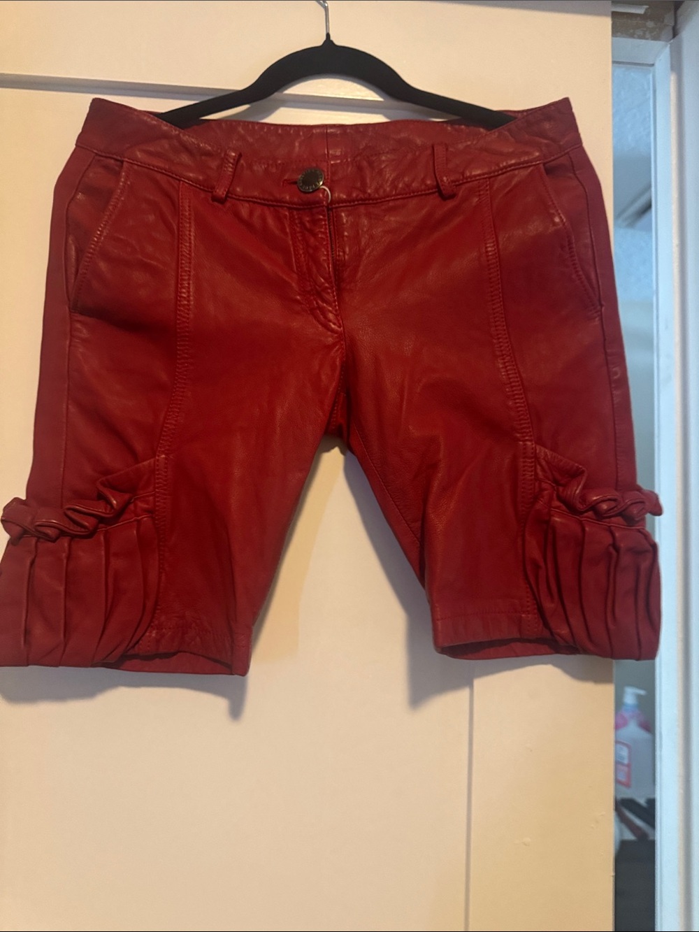 Jean Paul Gaultier Red Leather Bermuda Shorts with Pleated Cuffs